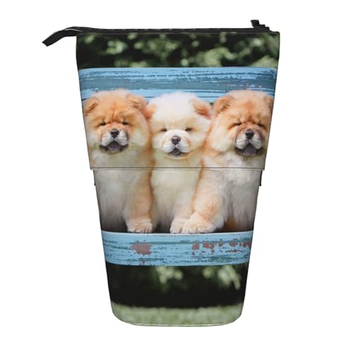 OYVDUAZB Chow-Chow süße Hunde fünf Welpen, Teleskop-Federmäppchen, Ständer, Stifthalter, Make-up-Tasche, Bleistiftbeutel, Stifttasche von OYVDUAZB