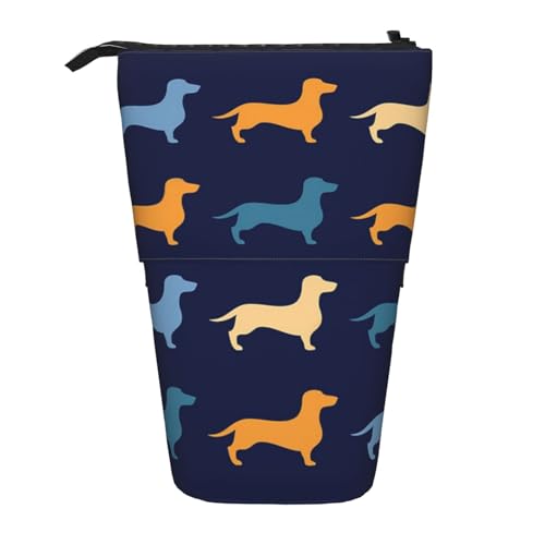 OYVDUAZB Dackel Blau-Orange-Hund, Teleskop-Federmäppchen, Ständer, Stifthalter, Make-up-Tasche, Bleistiftbeutel, Stifttasche von OYVDUAZB