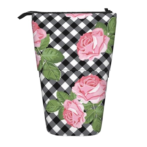 OYVDUAZB Drucken Sie Rosen auf schwarz-weiß kariertem, Teleskop-Federmäppchen, Ständer, Stifthalter, Make-up-Tasche, Bleistiftbeutel, Stifttasche von OYVDUAZB