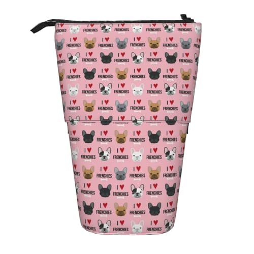 OYVDUAZB Frenchie Hund Ich Liebe französische Bulldoggen Frenchie Pink, Teleskop-Federmäppchen, Ständer, Stifthalter, Make-up-Tasche, Bleistiftbeutel, Stifttasche von OYVDUAZB