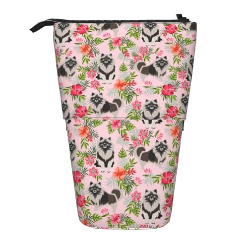 OYVDUAZB Keeshond Hund Hawaiian Blumen, Teleskop-Federmäppchen, Ständer, Stifthalter, Make-up-Tasche, Bleistiftbeutel, Stifttasche von OYVDUAZB