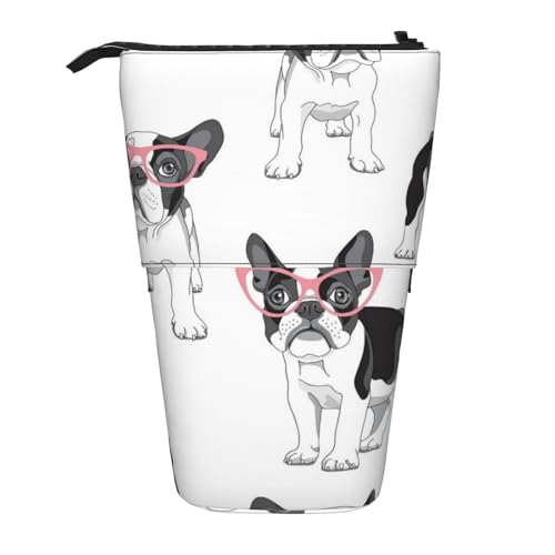 OYVDUAZB Schwarzer Frenchie-Cartoon, französische Bulldogge, rosa Brille, weißer Hund, Teleskop-Federmäppchen, Ständer, Stifthalter, Make-up-Tasche, Bleistiftbeutel, Stifttasche von OYVDUAZB