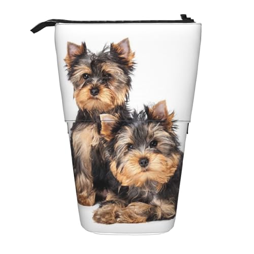 OYVDUAZB Zwei Yorkshire Terrier Welpen, Teleskop-Federmäppchen, Ständer, Stifthalter, Make-up-Tasche, Bleistiftbeutel, Stifttasche von OYVDUAZB