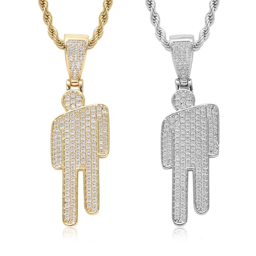 OYZOQ 2 Stück Damen & Herren Edelstahl Halskette,Fun Simulierter Diamant Anhänger,Silber Gold Accessoire Halskette,Hip-Hop-Souvenir-Geschenk,Straße Trend Coole Kette（Bil-Eilsh） von OYZOQ