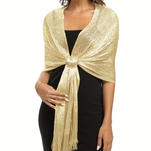 OYZOQ Glitzernder Metallic-Schal für Damen mit Schnalle, Stola für abendkleid für Hochzeit, Party, Brautjungfer,Champagner-Gold von OYZOQ