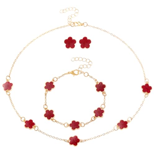 OYZOQ Vierblättriges Kleeblatt Schmuckset für Damen und Mädchen Vergoldet Edelstahl Zweiseitig Anhänger Halskette Ohrstecker Armband Hypoallergenes Glücksklee Emaille-Schmuck Set（A） von OYZOQ