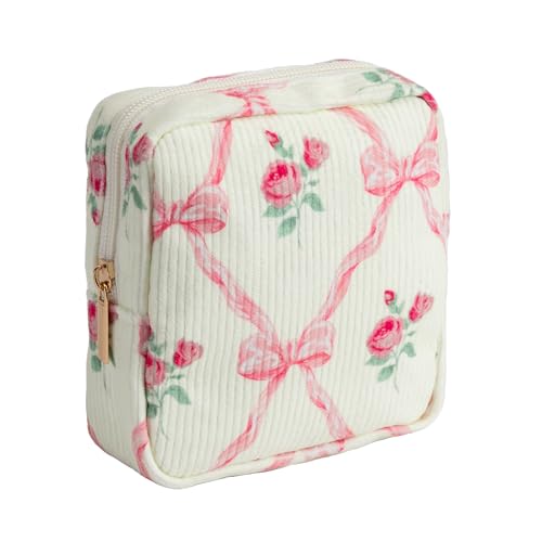 OZAOZ Make-up-Tasche für Geldbörse, kleine Kosmetiktasche, Cord, niedliche Kosmetiktasche für Damen, Kleine rosa Schleife, Kosmetiktasche von OZAOZ