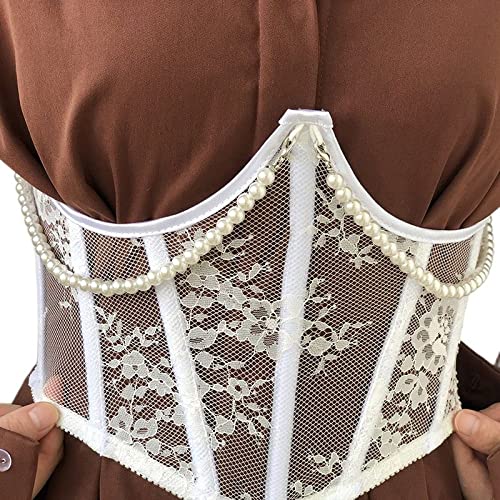 Korsage Damenfrauen Push Up Bustiers Korsett Unterbrust Sexy Mesh Bustier Korsett Top Kunstperlenkette Gothic Kurze Taille Cincher Body Shaper Y2K Korsett Ohne Knochen Clubwear Cosplay,Weiß,M von OZEO