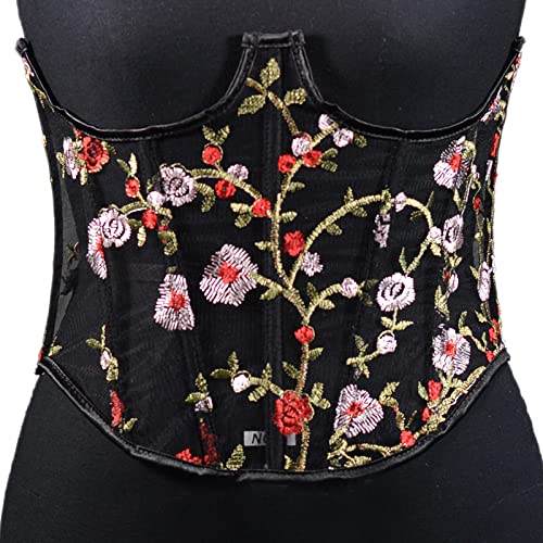 Korsett Oberteilfrauen Push Up Bustiers Korsett Unterbrust Sexy Mesh Schiere Bustier Korsett Top Blumenspitze Gothic Kurze Taille Cincher Body Shaper Y2K Korsett Ohne Knochen Clubwear Cosplay,Schwar von OZEO