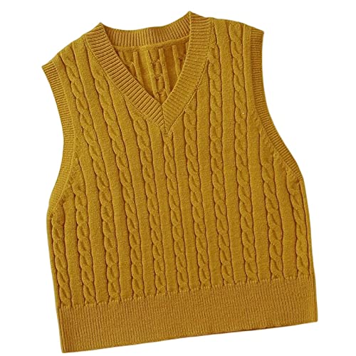 OZEO Ärmellos Strick Weste,Damen Mode Pullover Weste Senfgelb Retro Zopfmuster V-Ausschnitt Ärmellos Strickweste Einfarbig Lässige Pullover Weste Tanktops Für Damen Mädchen,L von OZEO
