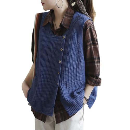 OZEO Ärmellos Strick Weste,Damen Retro-Pullover Mit Rundhalsausschnitt, Seitenbrustschlitze, Gestrickte Strickjacke, Weste Mit Tasche, Einfarbig, Ärmellose Weste, Strickoberteil Für Damen, Mädchen,Bl von OZEO