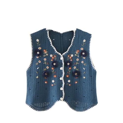 OZEO Ärmellos Strick Weste,Y2K Button-Down-Strickweste Pullover Häkelblumen V-Ausschnitt Kontrastleiste Strickjacke Weste Hippie Ärmellose Weste Crop Top Für Damen Mädchen Streetwear,Blau,M von OZEO