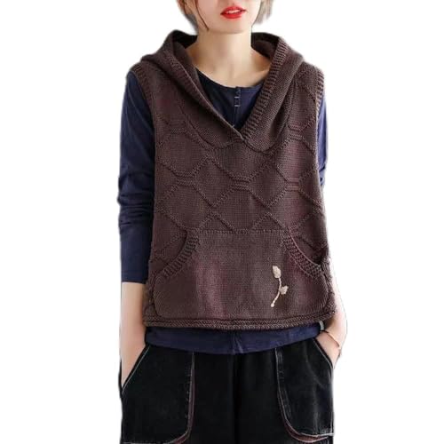 OZEO Ärmellose Weste Damen,Damen Retro-Pullover Mit Kapuze, Stickerei, Taschen, Geometrie, Gestrickt, Gilet, Ethnisch, Kurz, Ärmellose Pullover, Weste, Lässig, Strickwaren Für Damen, Mädchen, Dunkel von OZEO