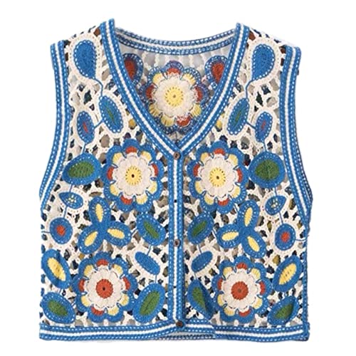 OZEO Ärmellose Weste Damen,Gehäkelte Strickweste Pullover Button-Down Boho Bunt Blau Stickerei Blumen Strickjacke Weste Hippie Ärmellose Weste Mesh Crop Top Für Damen Mädchen Y2K Streetwear,L von RWGSNB