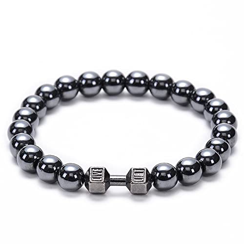 OZEO Armkette Herren, Natürliche Schwarze Hämatit-Stein-Armbänder Langhantel-Hantel-Charm-Perlen-Chakra-Armbänder Elastische Energie-Edelstein-Armbänder Balance-Yoga-Schmuck Für Frauen Und Männer von OZEO