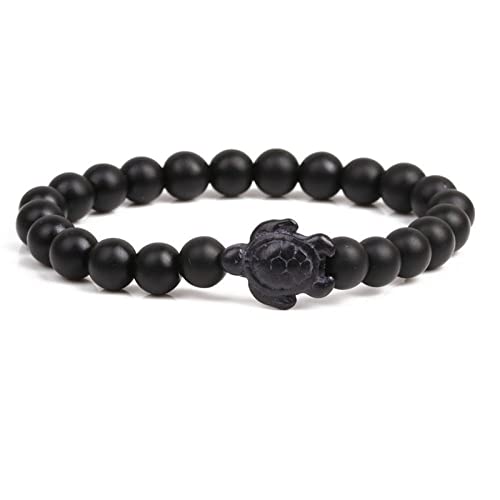 OZEO Armkette Herren, Natürliche Schwarze Matte Onyx-Stein-Chakra-Armbänder Schwarze Schildkröten-Charm-Ozean-Armbänder Elastische Perlen-Energie-Edelstein-Armbänder Balance-Yoga-Schmuck Für Frauen von OZEO