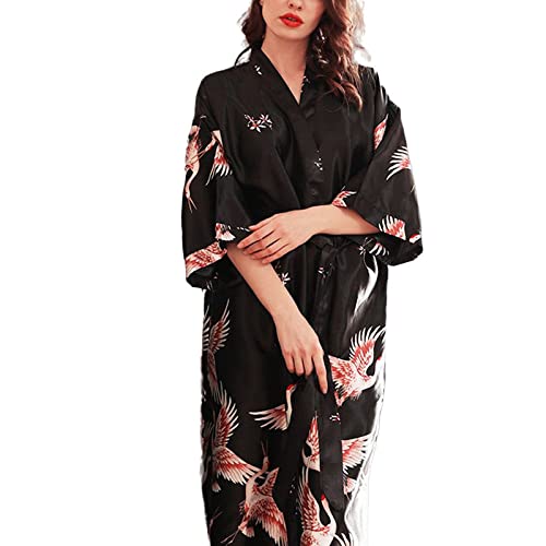 OZEO Bademäntel Für Damen,Sexy Satin Kimono Bademantel Schwarz Kranich Print Morgenmantel Leicht Lange Schnürrobe Elegant V-Ausschnitt Pyjamas Braut Morgenmantel Bademantel Damen,Xl von OZEO