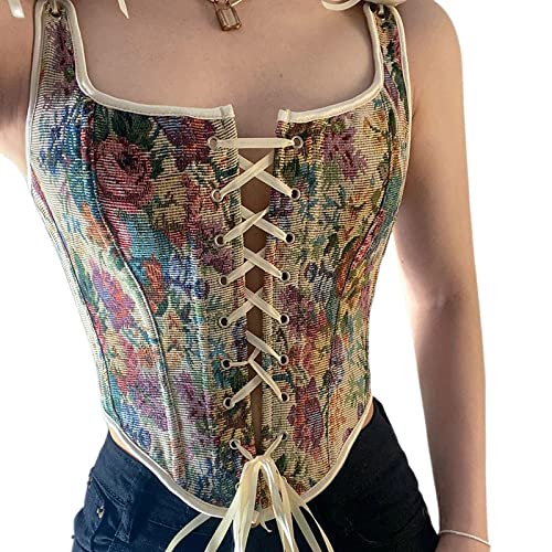 OZEO Corset Topfrauen Vintage Weste Spitze Korsett Top Sexy Spitzenkorsett Bustier Selbstbindung Vollbrust Bustier Tank Top Gericht Blumendruck Camisole Fishbone Korsett Y2K Outwear,Bunt,Xl von OZEO