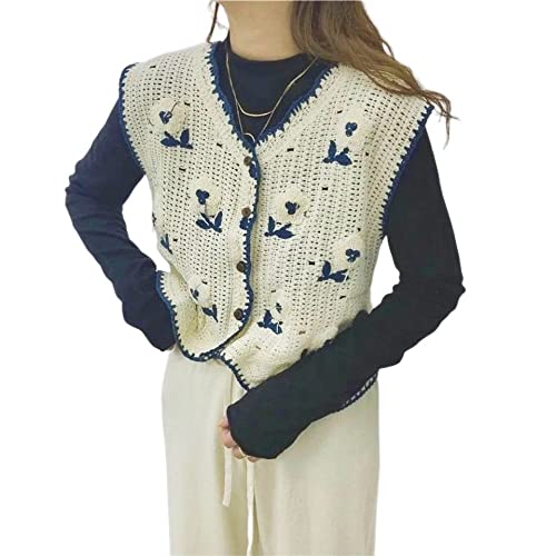 OZEO Damen Weste,Gehäkelte Strickweste Pullover Button Down Boho Mesh Handgefertigt Getuftete Blumen V-Ausschnitt Strickjacke Weste Hippie Ärmellose Weste Crop Top Für Damen Mädchen Streetwear,Blau,M von OZEO