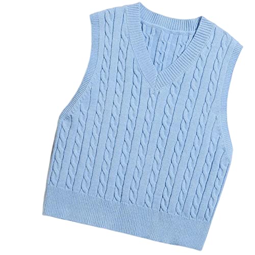 OZEO Gestrickte Gilets,Damen Mode Pullover Weste Hellblau Retro Zopfmuster V-Ausschnitt Ärmellos Strickweste Volltonfarbe Lässige Pullover Weste Tanktops Für Damen Mädchen,M von OZEO