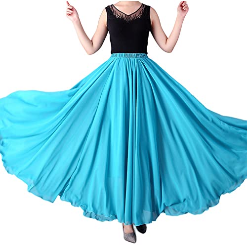 OZEO Rock Damen,Damen Gestufter Chiffon Midi Rock Türkis Rüschen Faltenrock Elastisch Hohe Taille A-Linie Große Swing Ruched Beach Dance Party Lange Röcke Für Mädchen Damen, L von OZEO