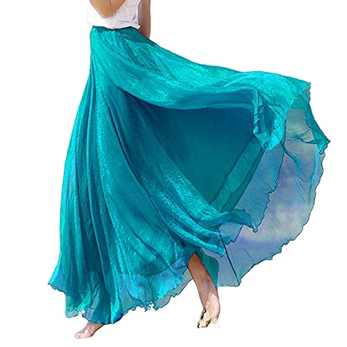 OZEO Rock Damen,Damen Hippie Chiffon Midi Rock Türkis Glänzend Rüschen Faltenrock Mit Futter Sommer A-Linie Große Schaukel Flowy Strandurlaub Lange Röcke Für Mädchen Damen,M von OZEO