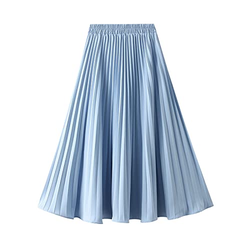 OZEO Röcke,Damen Midi Rock Hellblau Elastic High Waist Schlicht Glatter Faltenrock Klassisch Ruched Slim A-Line Sommerschaukel Elegante Lange Röcke Für Mädchen Damen,M von OZEO