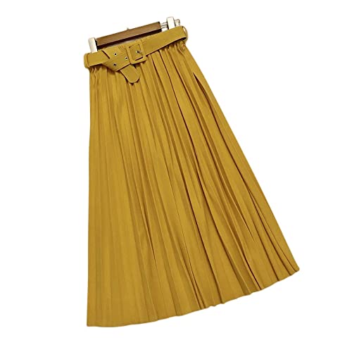 OZEO Röcke,Damen-Midirock Senfgelb Elastischer Hoher Taillen-Faltenrock Mit Gürtel A-Linien-Schaukel Geraffter Einfacher Langer Rock Für Mädchen Damen Herbst Winter,S von OZEO