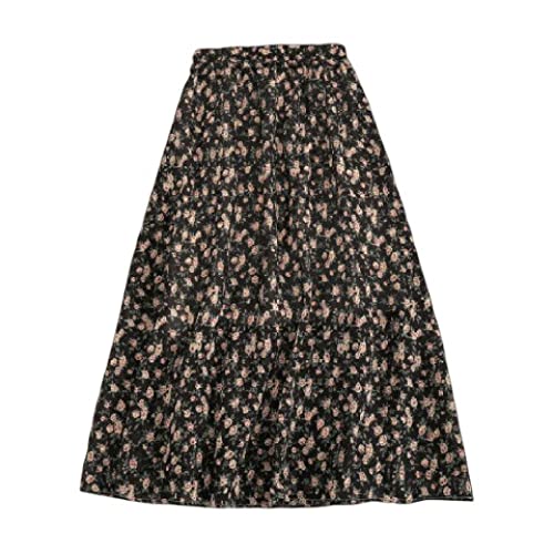 OZEO Röcke Für Damen,Boho Geblümter Chiffon Midi Rock Für Frauen Schwarz High Waist Faltenrock Mit Futter Sommer A-Linie Swing Ruched Cocktail Party Lange Röcke Für Mädchen Damen, S von OZEO