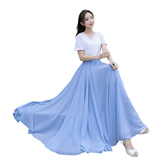 OZEO Röcke Für Damen,Damen Rüschen Chiffon Midi Rock Blau High Taist Hippie Faltenrock Einfarbig A-Linie Große Swing Strand Flowy Bauchtänzerin Tanzen Lange Röcke Für Mädchen Damen, Xs von OZEO