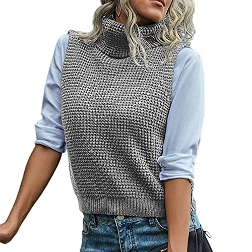 OZEO Strick Pullunder,Damen Mode Pullover Weste Grau Schlank Rollkragen Grobstrick Weste Ärmellos Volltonfarbe Lässige Pullover Weste Tanktops Für Damen Mädchen,M von OZEO