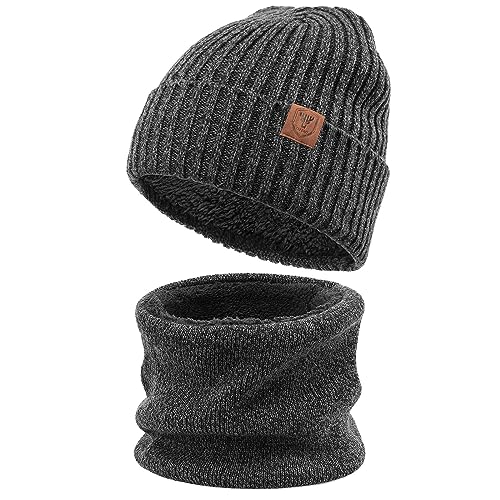 OZERO 2 in 1 Winter Strickmütze Schal Set,warmes kaltes Proof Fleece für Männer und Frauen Grau/Einheitsgröße von OZERO