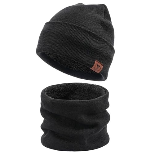 OZERO 2 in 1 Winter Warm Beanie Hut Schal Set, Strick Thermal Polar Fleece für Männer und Frauen Schwarz/Einheitsgröße von OZERO