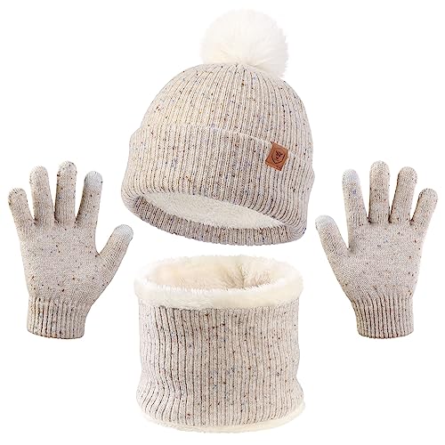 Kinder Wintermütze Handschuhe Schal Set - Warmes Fleece 3-teiliges Set für Jungen & Mädchen, Weiche Beanie mit Fäustlingen & Halstuch gegen Kälte - Für Kindergarten & Outdoor von OZERO