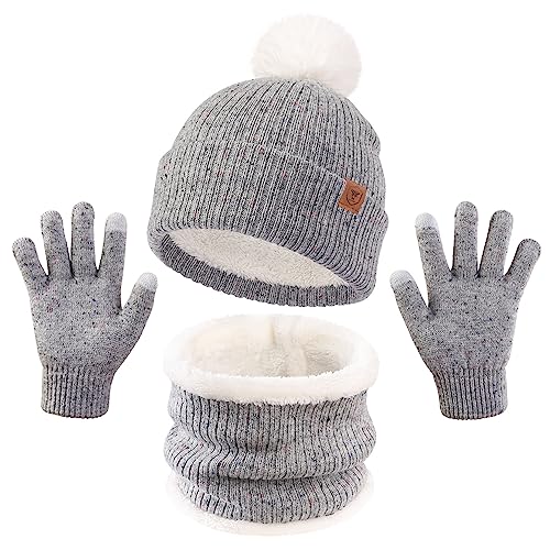 OZERO Warm Wintermütze und Handschuhe Schal Set, Beanie Mütze Winterhandschuhe Fleecefutter Jungen/Mädchen (Grau, Kind) von OZERO