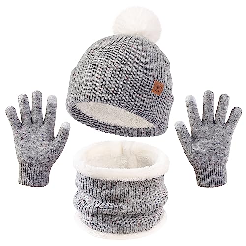 Kinder Wintermütze Handschuhe Schal Set - Warmes Fleece 3-teiliges Set für Jungen & Mädchen, Weiche Beanie mit Fäustlingen & Halstuch gegen Kälte - Für Kindergarten & Outdoor von OZERO