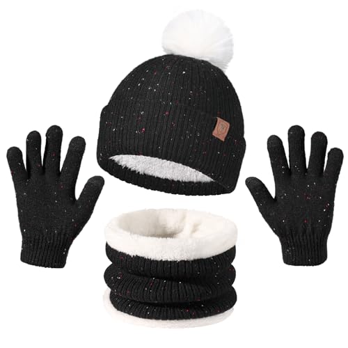 OZERO Warm Wintermütze und Handschuhe Schal Set, Beanie Mütze Winterhandschuhe Fleecefutter Jungen/Mädchen (Schwarz, Einheitsgröße) von OZERO