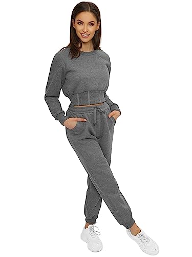 OZONEE Damen 2-Teilig Set Kapuzenpullover + Jogginghose Jogginganzug Sweatjacke Trainingshose Trainingsanzug Sportanzug Freizeitanzug Sport Anzug Tracksuit Fitnessanzug 777/3328DR/5 DUNKELGRAU L von OZONEE