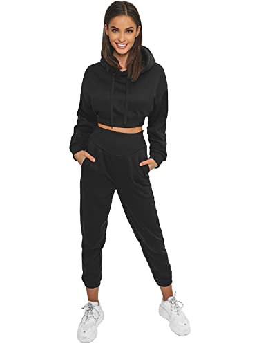 OZONEE Damen 2-Teilig Set Kapuzenpullover + Jogginghose Jogginganzug Sweatjacke Trainingshose Trainingsanzug Sportanzug Freizeitanzug Sport Anzug Tracksuit Fitnessanzug 777/3825DR/3 SCHWARZ L von OZONEE