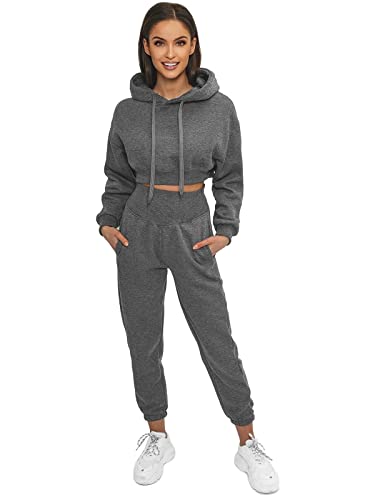 OZONEE Damen 2-Teilig Set Kapuzenpullover + Jogginghose Jogginganzug Sweatjacke Trainingshose Trainingsanzug Sportanzug Freizeitanzug Sport Anzug Tracksuit Fitnessanzug 777/3825DR/5 DUNKELGRAU L von OZONEE