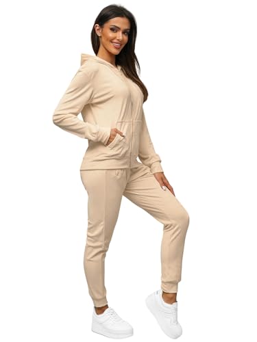 OZONEE Damen 2-Teilig Set Kapuzenpullover + Jogginghose Jogginganzug Sweatjacke Trainingshose Trainingsanzug Sportanzug Freizeitanzug Sport Anzug Tracksuit Fitnessanzug 777/6997DR/159 Hellbeige L von OZONEE