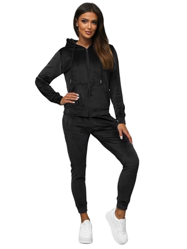 OZONEE Damen 2-Teilig Set Kapuzenpullover + Jogginghose Jogginganzug Sweatjacke Trainingshose Trainingsanzug Sportanzug Freizeitanzug Sport Anzug Tracksuit Fitnessanzug 777/6997DR/3 SCHWARZ S von OZONEE