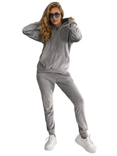 OZONEE Damen 2-Teilig Set Kapuzenpullover + Jogginghose Jogginganzug Sweatjacke Trainingshose Trainingsanzug Sportanzug Freizeitanzug Sport Anzug Tracksuit Fitnessanzug JS/8C1301Z GRAU M von OZONEE