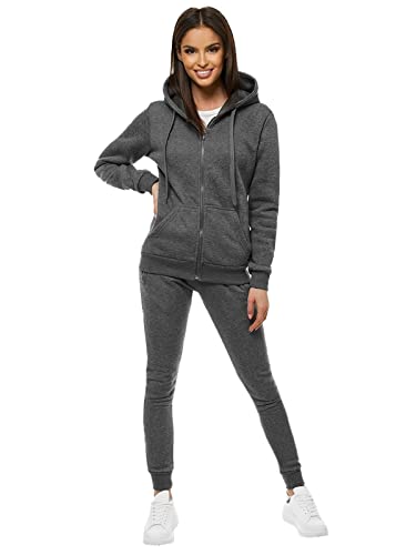 OZONEE Damen 2-Teilig Set Kapuzenpullover + Jogginghose Jogginganzug Sweatjacke Trainingshose Trainingsanzug Sportanzug Freizeitanzug Sport Anzug Tracksuit Fitnessanzug SET/CKW03Z/5 DUNKELGRAU M von OZONEE