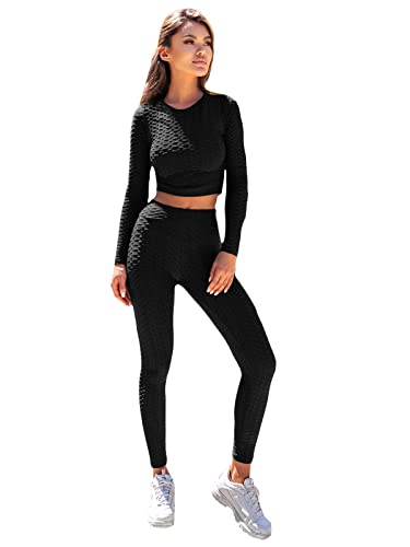 OZONEE Damen 2-Teilig Set Leggings + Langarmshirt Jogginganzug Sportleggings Crop Top Jogginghose Sweatshirt Trainingsanzug Sportanzug Freizeitanzug Sport Anzug Lang 777/3246DR SCHWARZ S von OZONEE