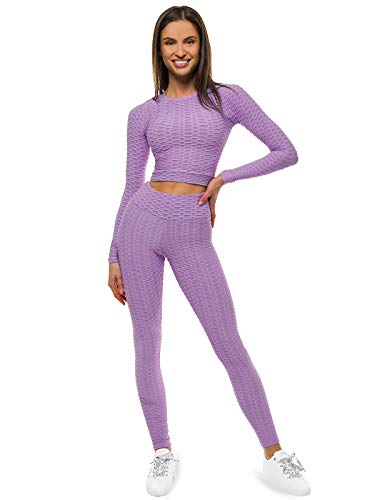 OZONEE Damen 2-Teilig Set Leggings + Langarmshirt Jogginganzug Sportleggings Crop Top Jogginghose Sweatshirt Trainingsanzug Sportanzug Freizeitanzug Sport Anzug Lang O/22060 Hellviolett L von OZONEE