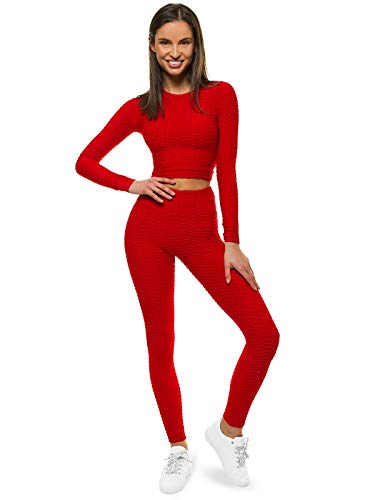 OZONEE Damen 2-Teilig Set Leggings + Langarmshirt Jogginganzug Sportleggings Crop Top Jogginghose Sweatshirt Trainingsanzug Sportanzug Freizeitanzug Sport Anzug Lang O/22060 ROT L von OZONEE