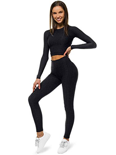 OZONEE Damen 2-Teilig Set Leggings + Langarmshirt Jogginganzug Sportleggings Crop Top Jogginghose Sweatshirt Trainingsanzug Sportanzug Freizeitanzug Sport Anzug Lang O/22060 SCHWARZ M von OZONEE