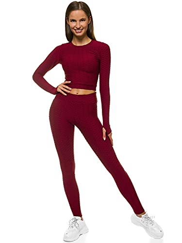 OZONEE Damen 2-Teilig Set Leggings + Langarmshirt Jogginganzug Sportleggings Crop Top Jogginghose Sweatshirt Trainingsanzug Sportanzug Freizeitanzug Sport Anzug Lang O/22060 WEINROT L von OZONEE