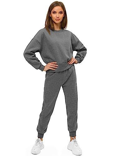 OZONEE Damen 2-Teilig Set Sweatshirt + Jogginghose Jogginganzug Pullover Trainingshose Trainingsanzug Sportanzug Freizeitanzug Sport Anzug Tracksuit Fitnessanzug Rundhals 777/7197DR/5 DUNKELGRAU S von OZONEE